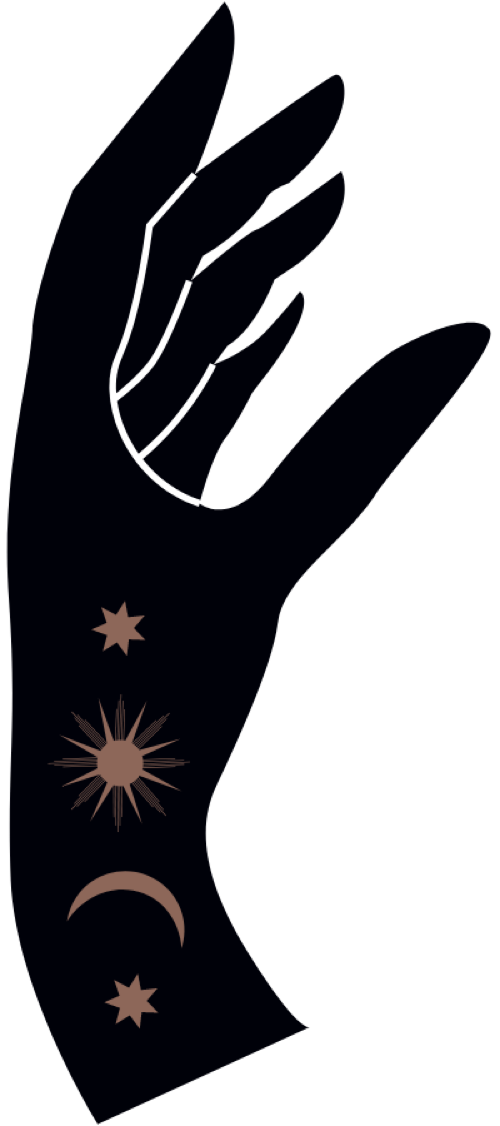 Magical looking palmistry hand with moon, sun and stars